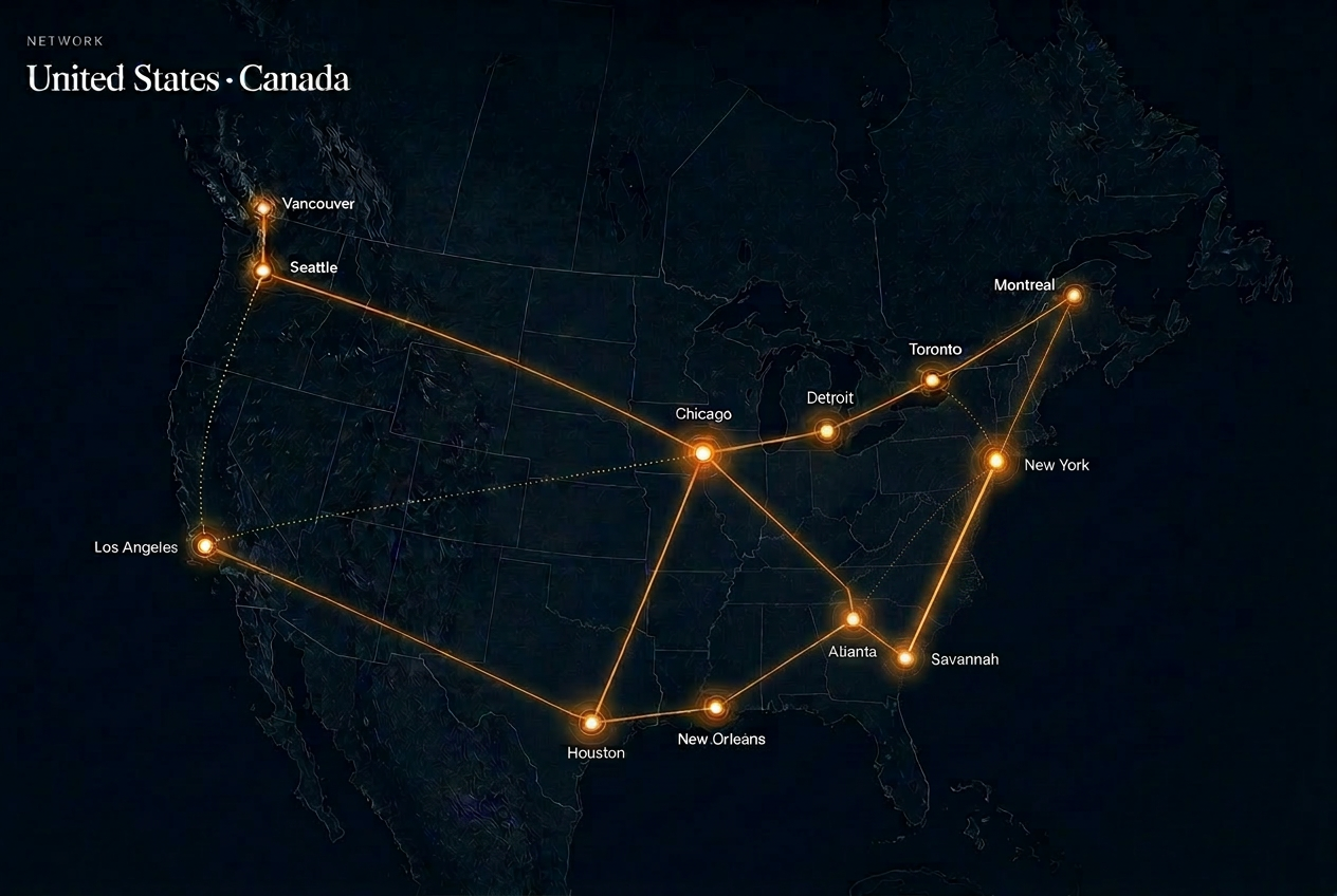 Strategic network map of LOTRA Trade hubs across the United States and Canada